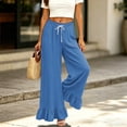 thumbnail image 6 of Women's Solid Color Ruffle Hem Wide Leg Pants - High Waisted Palazzo Trousers with Pockets, Flowy Drawstring Casual Lounge Pants Blue M, 6 of 7