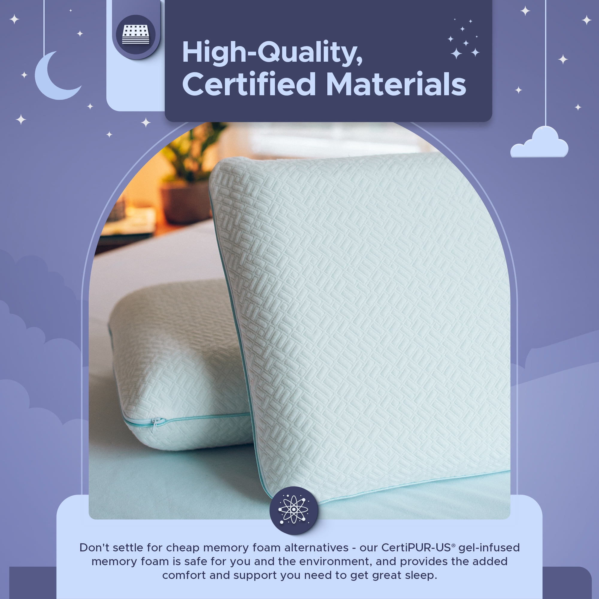 Free Shipping Celestial Gel Memory Foam Pillow CertiPUR US Certified Ventilated and Cooling Washable Zipper Cover Standard Size Walmart Walmart