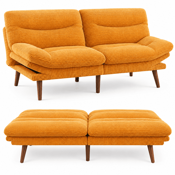 66 Inch Convertible Futon Sofa Bed, 3-in-1 Corduroy Sleeper Sofa with Adjustable Backrest and Armrests, Reclining Couch Bed for Living Room, Bedroom and Small Spaces, Yellow