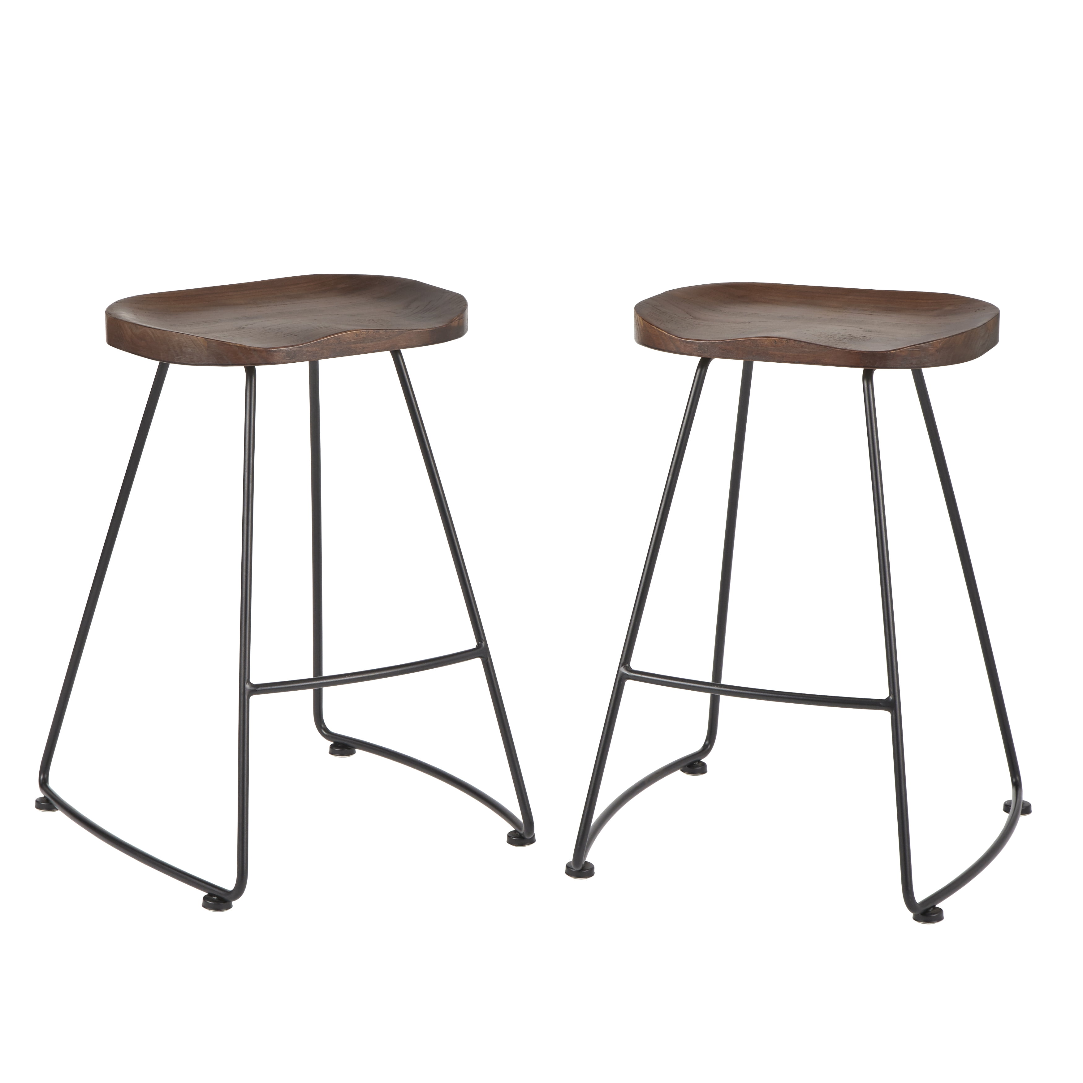 TMS Chapman 24” High Contoured Wood Seat, Backless Stool (Set of 2), Walnut and Black Finish