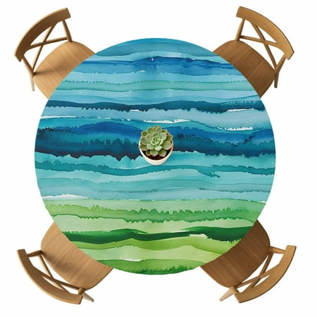 Round Fitted Tablecloth with Elastic Teal Blue Green Mount Tablecloths Waterproof Oil Proof Gradient Color Table Cover for Kitchen Dinner Holiday Party Picnic Fits Tables up to 36"- 44" Diameter