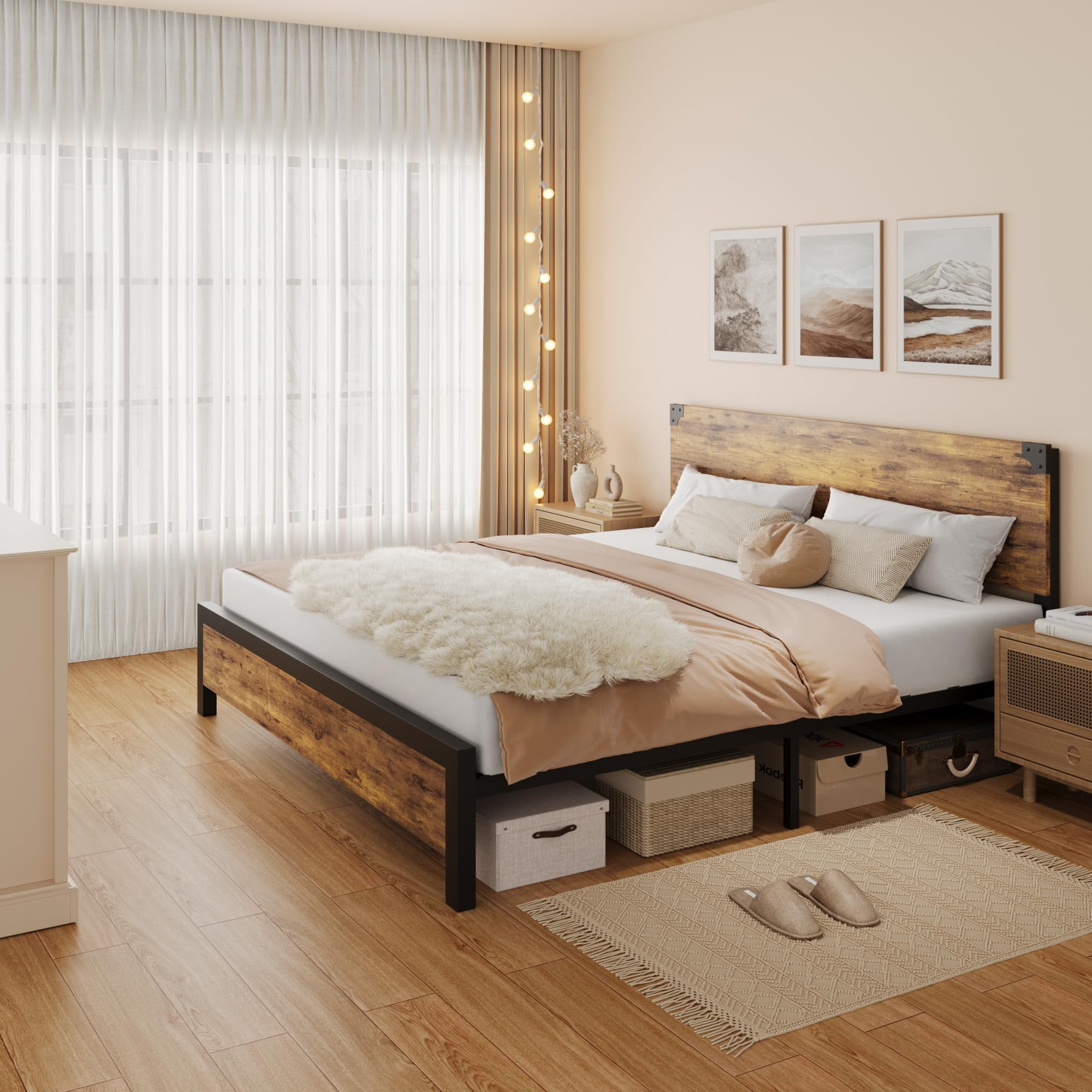 King Bed Frame with Headboard, King Platform Bed Frame with Under Bed Storage and Metal Legs, King Size Bed Frame for Noise Free, Brown