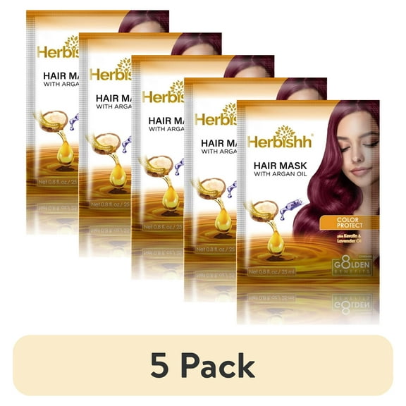 (5 pack) Herbishh Hair Mask with Argan Oil-Deep Conditioning & Hydration For Healthier Looking for very Dry, Weak, Stressed Out Hair, No Silicones, Sulphates, Parabens, 25ml)