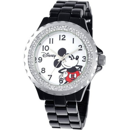 Mickey Mouse Women's Enamel Sparkle Watch, Black Bracelet