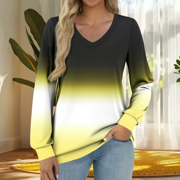 Heisall Womens Tops V-Neck Long Sleeve Loose Casual T-Shirts Gradient Color Fashion Blouse