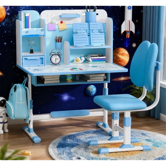 Dapmiu Adjustable Height Kids Desk Chair (Ages 3-18), Dual Back Support & Desktop Sliding Drawer Blue