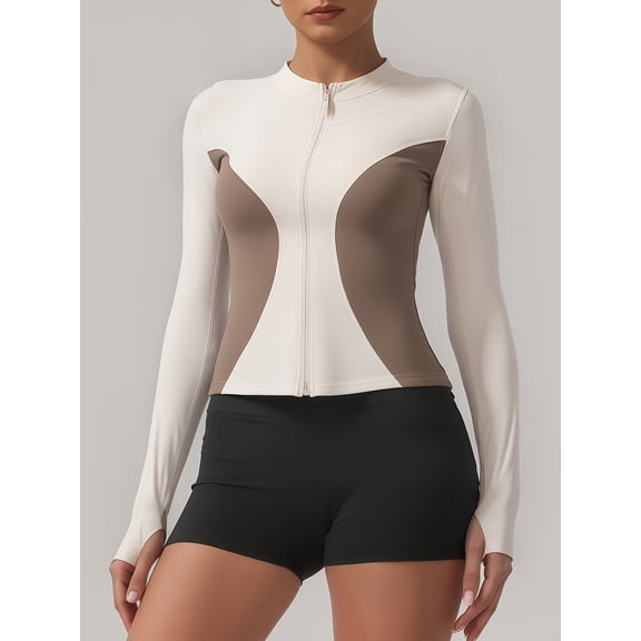 Top-kevin Women'S Sport Color-Block Jacket with Zipper Long Sleeve Tights Running Fitness Jacket Suitable for Cycling Yoga Sports