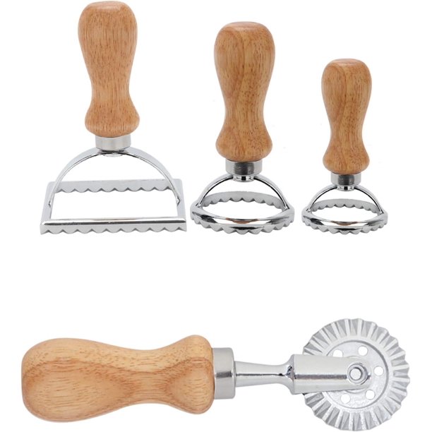 Ravioli Stamp Maker Cutter with Roller Wheel Set, Mold with Wooden Handle and Fluted Edge, Pasta