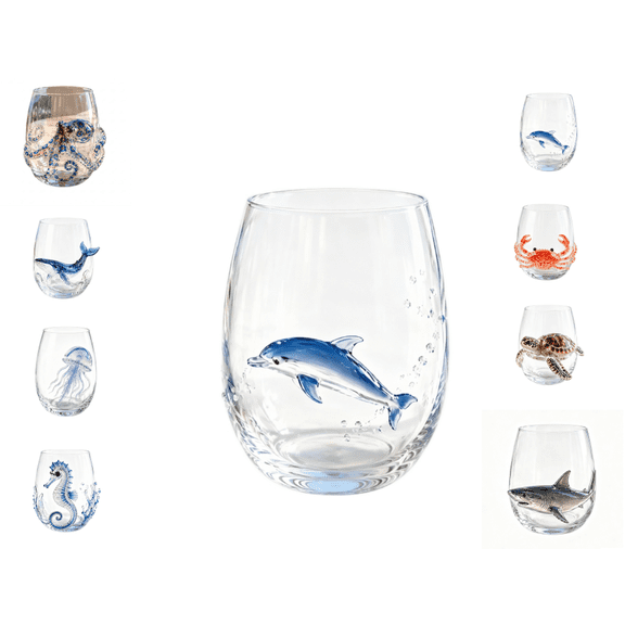 Artisanal Blue Ringed Octopus Glassware, 3D Octopuses Stemless Wine Glasses, Handcrafted Marine Animal Bar Glass(Dolphin)
