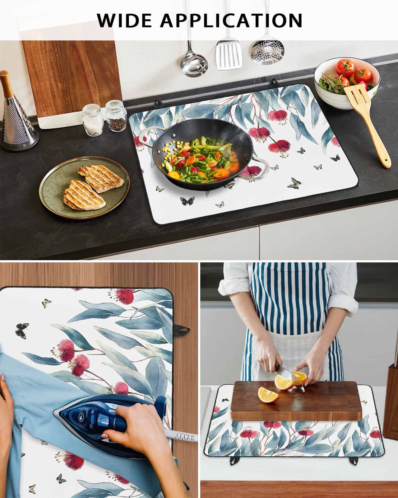 nqOlkjepod Large Induction Cooktop Protector Mat 24"x21", Botanical Leaves Stove Top Covers for Electric Stove, Spring Floral Butterfly Pastoral Stove Burner Cover Mats, Glass Top Stove Cover