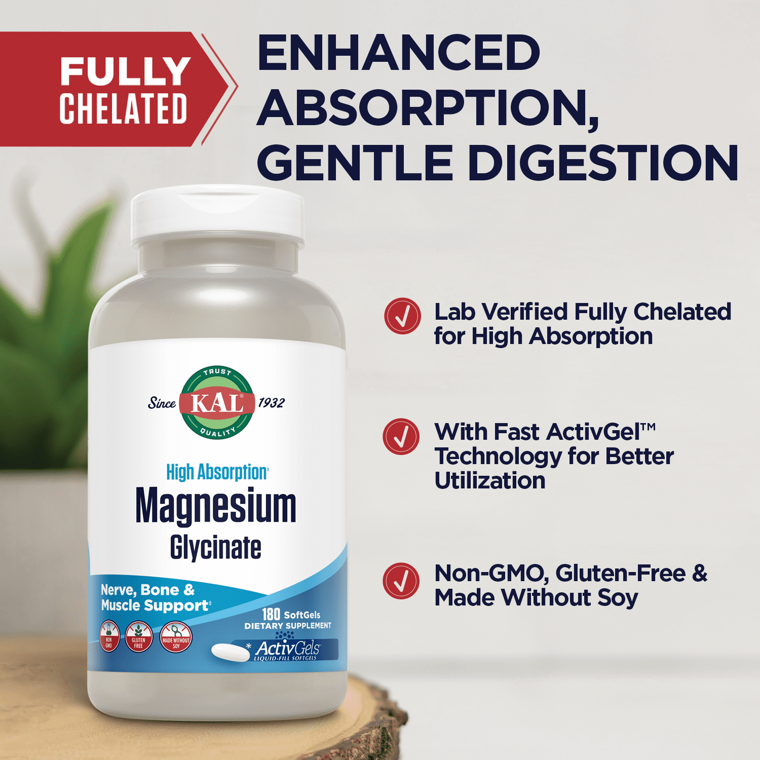 KAL Magnesium Glycinate ActivGels 315mg, Fully Chelated, High Absorption Magnesium Supplement for  Relaxation, Muscle & Bone Support, Non-GMO, Gluten Free, 60 Servings, 180 Softgels