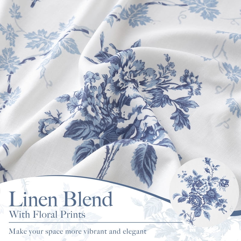 NICETOWN Floral Curtains for Bedroom, Faux Belgian Linen Curtains Light Filtering Semi Sheer Linen Drapes Back Tab Privacy Protection Window Treatments, Blue, 52"x84", 2 Panels