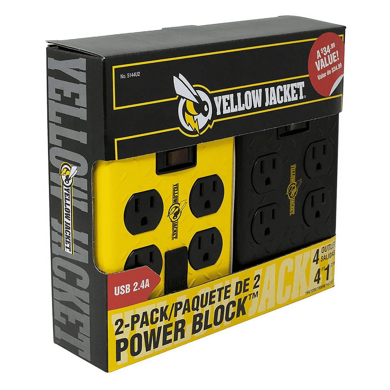 Yellow Jacket 4 Outlet Power Block with 2 USB Ports, 4 Feet, 2 Pack
