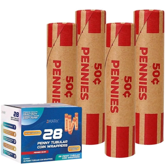 J Mark Burst Resistant Preformed Coin Roll Wrappers, Red, 28 Count