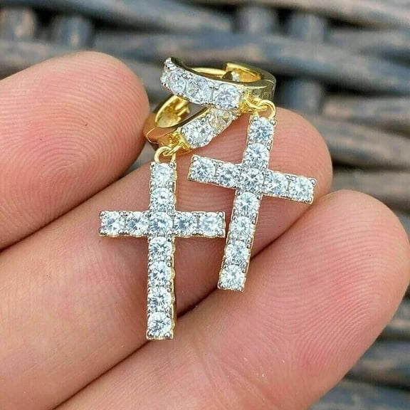 2.30Ct Round Cut Lab Created Diamond Women's Cross Drop & Dangle Earrings 14k Yellow Gold Plated