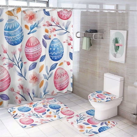 4 Pcs Shower Curtain Sets Eggs Easter-1 with Rugs Include Waterproof Shower Curtain Non-Slip Rug Toilet Lid Cover Bath Mat Bathroom Decor Sets for Bathroom Decor Set 72inch X 72inch