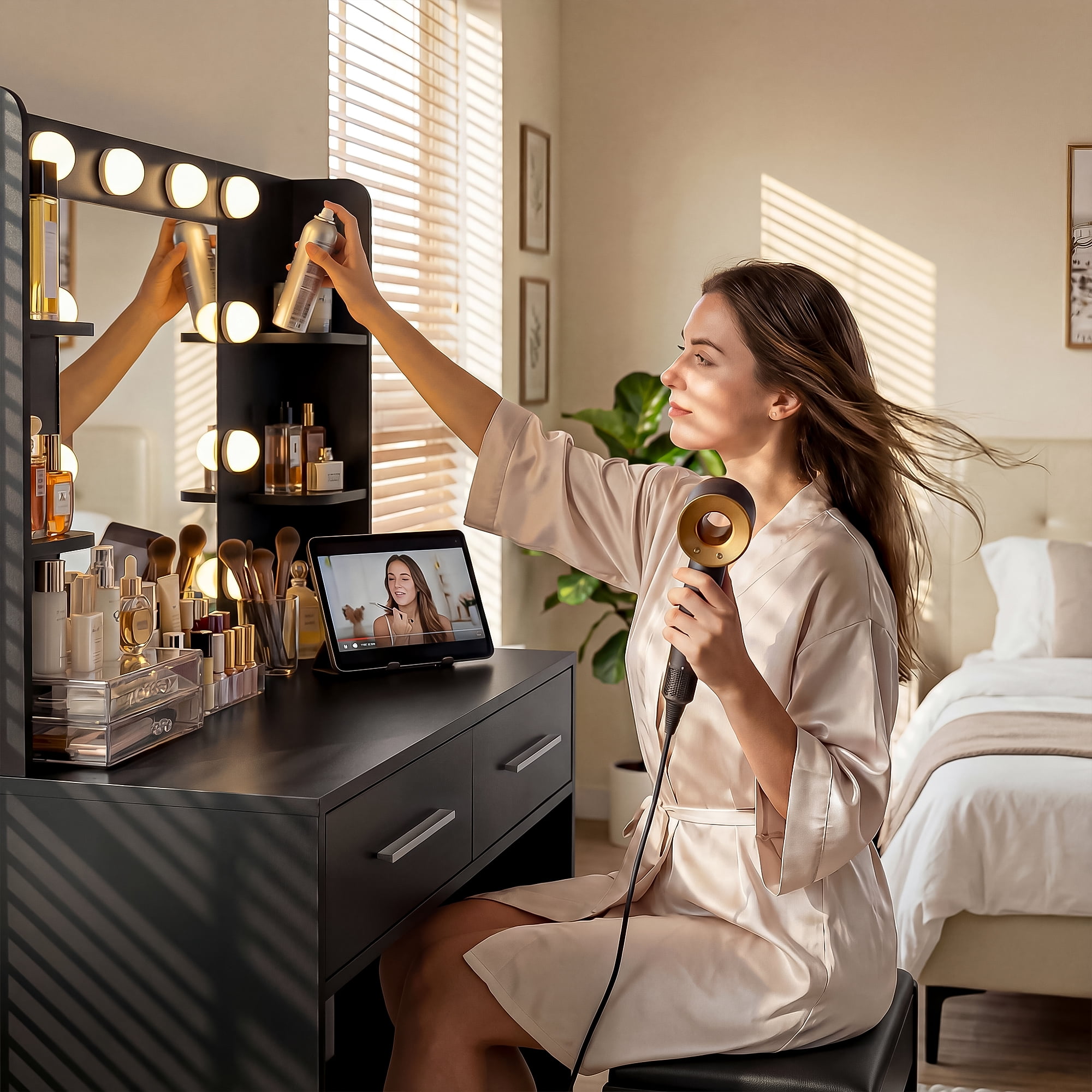 Homall Makeup Vanity Set with Mirror & Stool, Vanity Desk with LED Lights & Fast-Charging Outlet, Vanity Table for Bedroom Dressing Room, Black