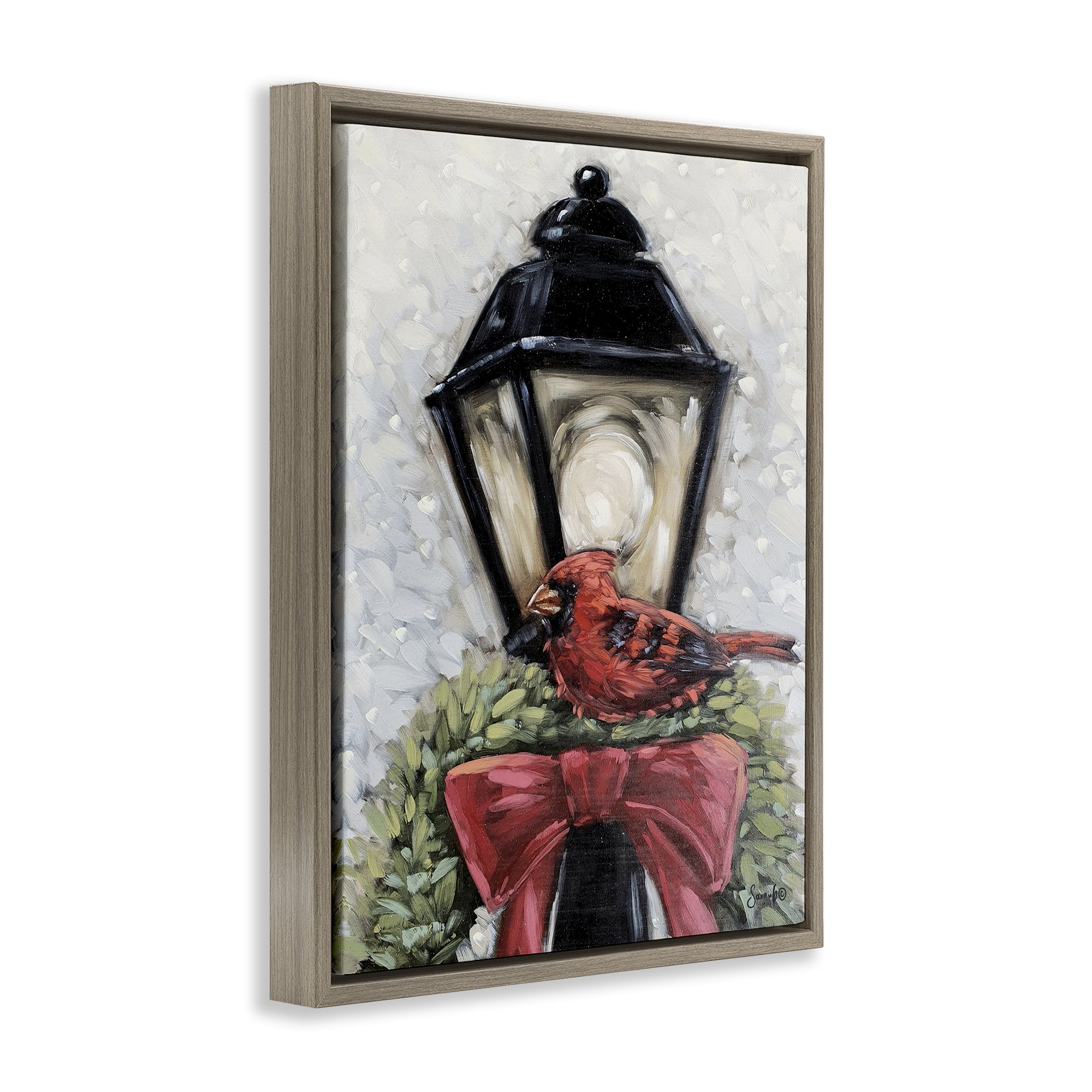 Stupell Industries Cardinal & Holiday Lamp Holiday Painting Brown Floater Framed Art Print Wall Art, 25 x 31