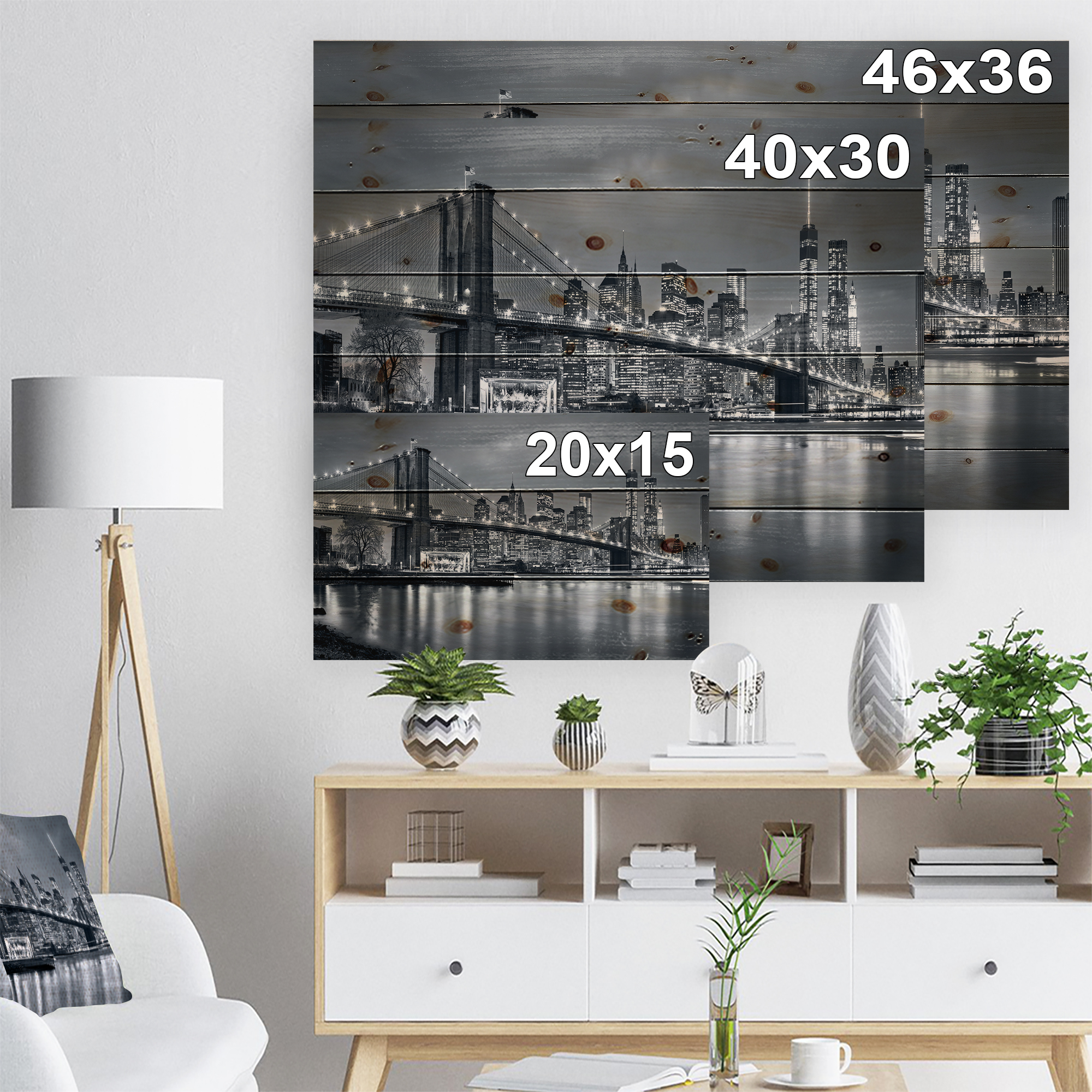 Designart 'Panorama New York City at Night' Cityscape Print on Natural Pine Wood