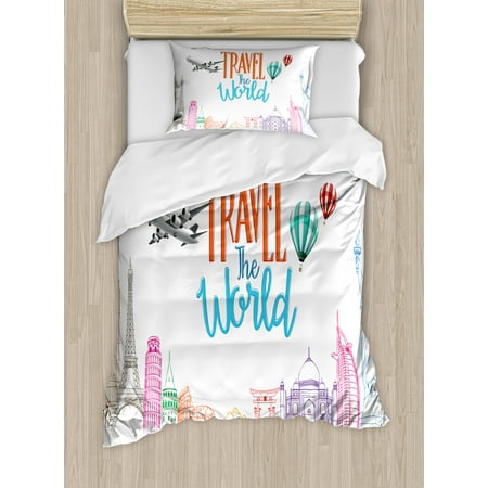 Quote Duvet Cover Set, Travel The World Lettering with Around World Landmarks Balloons Work of Art Image, Decorative Bedding Set with Pillow Shams, Multicolor, by Ambesonne