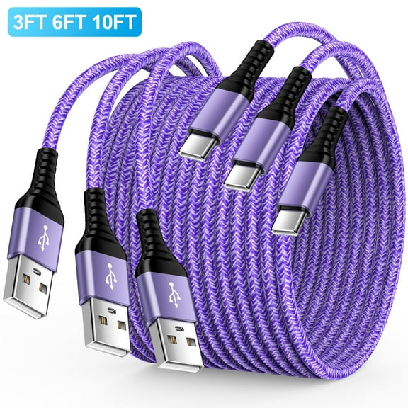 3 Pack USB-C Fast Charging Cable Cord 10FT6FT3FT Type C Cable Nylon Braided Fast Charging and Data Cable Cord for Samsung, Purple