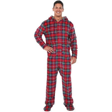 Men's Warm Fleece One Piece Footed Pajamas, Adult Plaid Onesie with ...