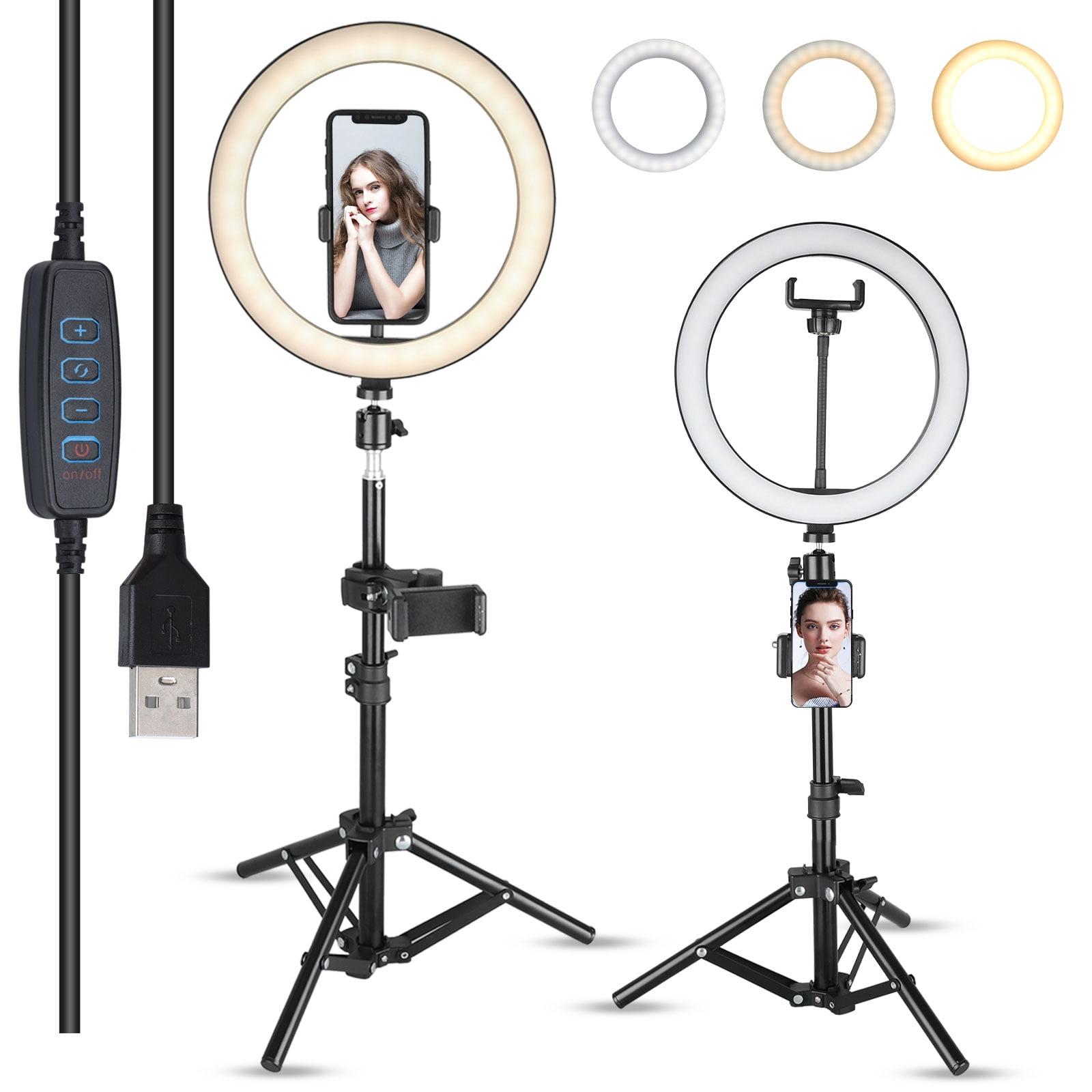 TSV 10" LED Ring Light with Tripod Stand, Dimmable 3 Light Modes & 10