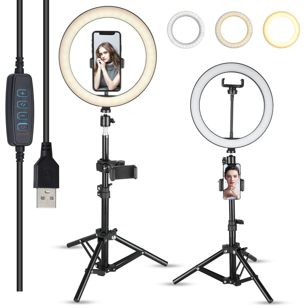 TSV 10" LED Ring Light with Tripod Stand, Dimmable 3 Light Modes & 10