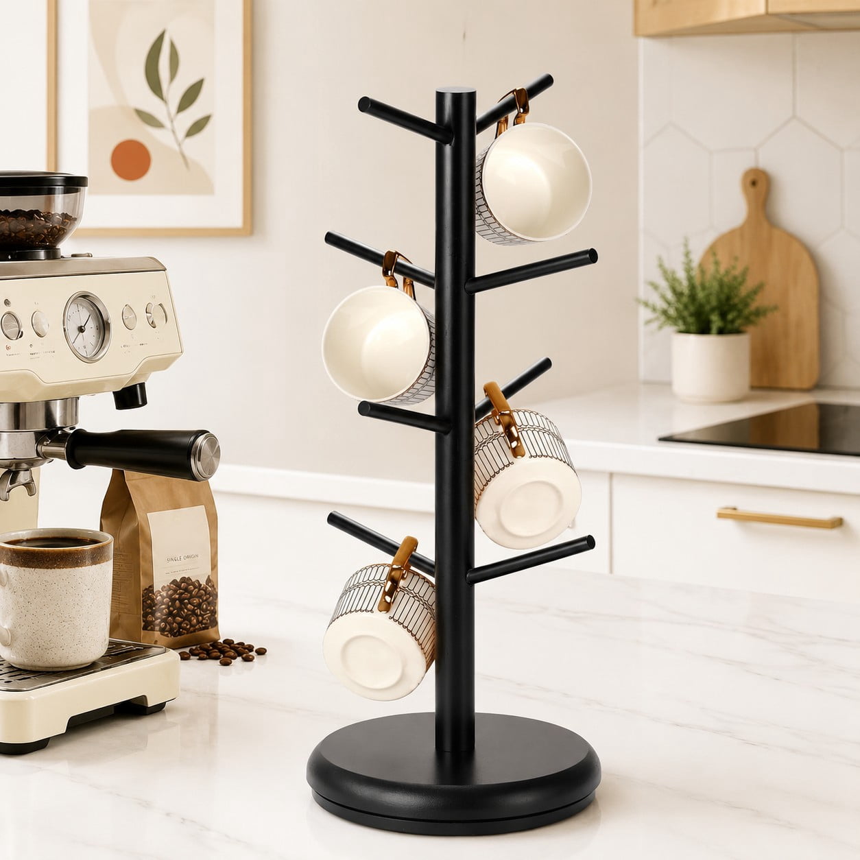 Bamboohomie Mug Tree, Coffee Cup Holder for Countertop, Rotating Coffee Mug Tree Stand with 8 Hooks, Black