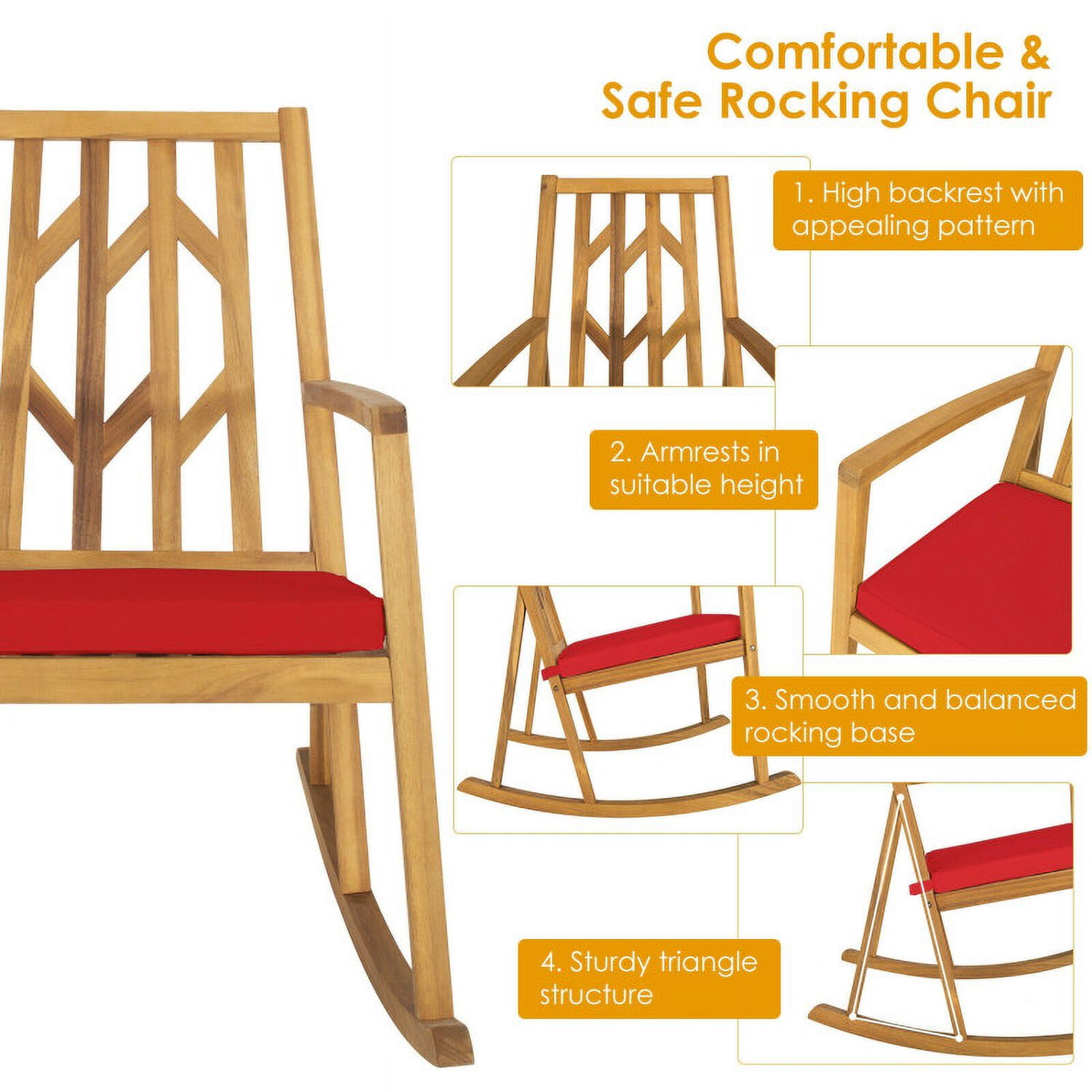 Aimee Lii Outdoor Rocking Chair with Cushion, Wooden Patio Rocker Chair for Lawn, Porch, Backyard, Indoor and Garden, Red