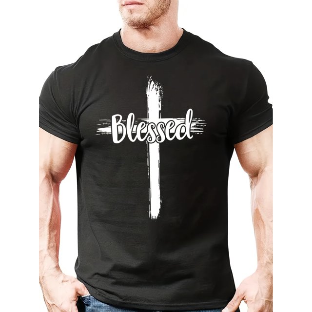 Unique Cross & Letter Blessed Pattern Print Graphic Tee - Ultra-Comfy, Soft, and Stylish Women Mens Summer Outdoor T-Shirt for Casual Events