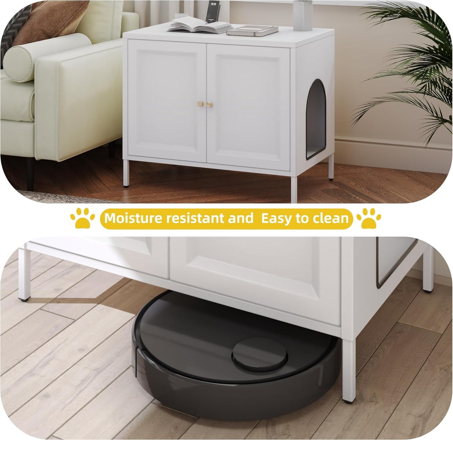 Metal Cat Litter Box Furniture with Barn Door, Fits Most Litter Boxes, White, Assembly Required
