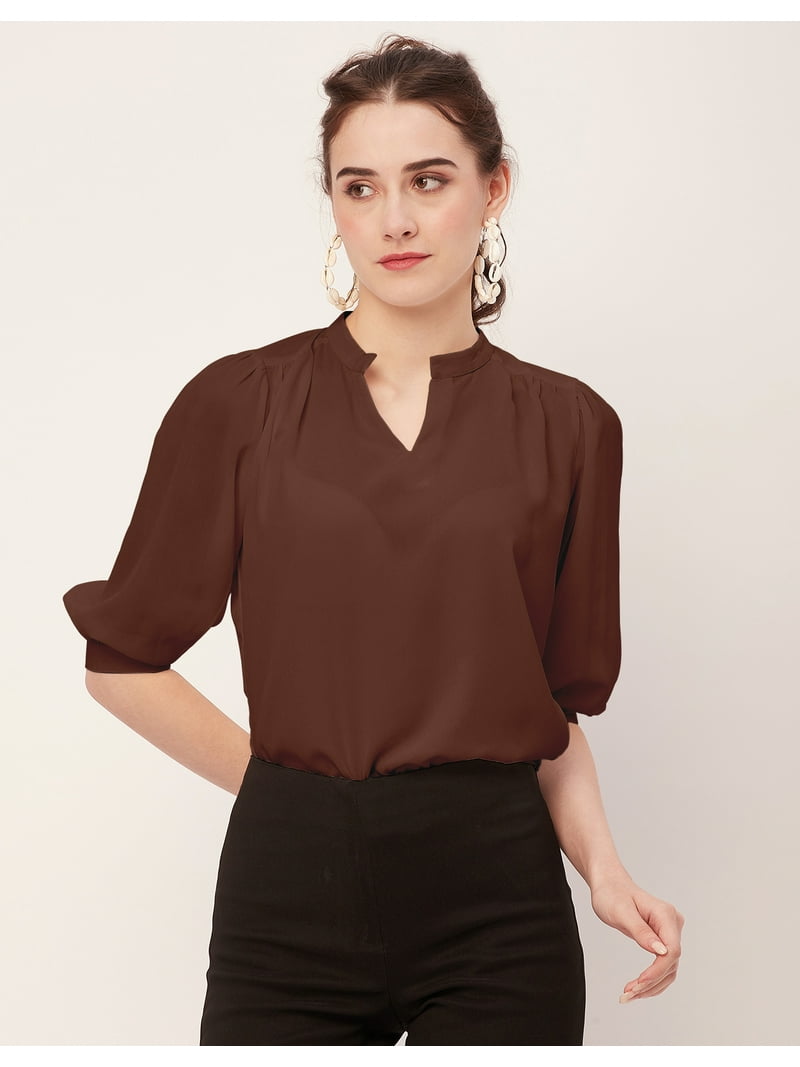 Moomaya Solid Puff Sleeve Tops, Band Collar, Semi-Formal Tops For