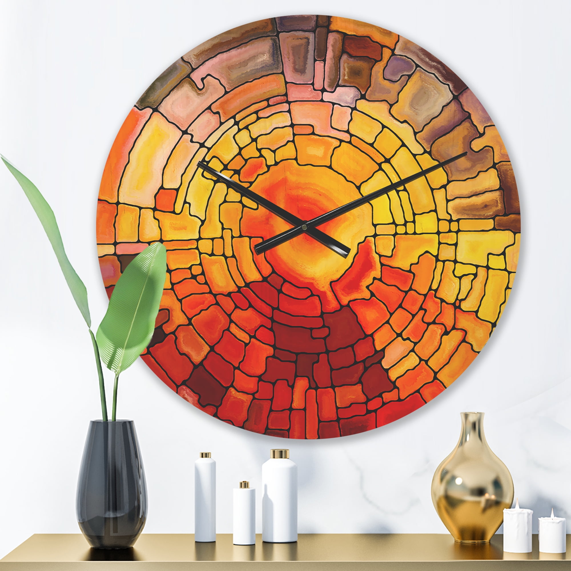 Designart 'Return of Stained Glass Red and Yellow' Modern Wood Wall Clock