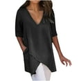 thumbnail image 2 of Pincandy Women's Summer Fashion Cropped Sleeves V-Neck Cotton Line Loose Shirt Blouse Summer Tops Cute Neck Tops Loose Dressy Casual Shirts Cap,Black,4XL, 2 of 7