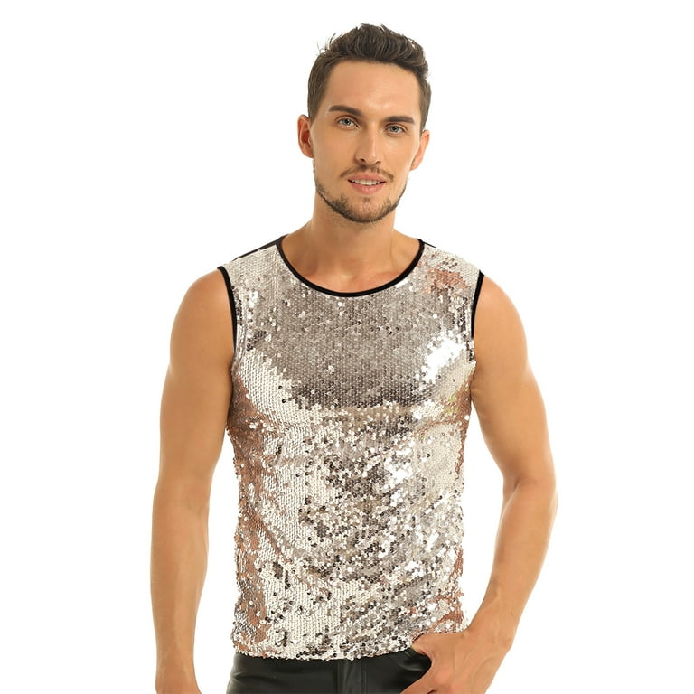 YEAHDOR Mens Shiny Sequin Slim Fitted Vest Sleeveless Tank Top Tees T Shirt Clubwear Black Gold Medium Walmart