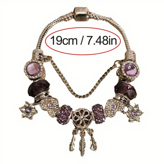 1 piece retro bohemian style purple dream capture pendant bracelet with 7.48 inch adjustable alloy snake chain with beads and pendants, ideal jewelry gift for women, suitable for Mother's Day,,Silver