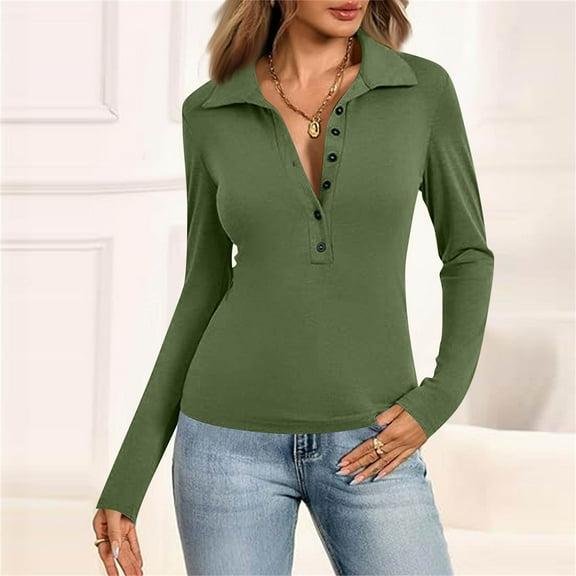 SAATLERI Women Polo Shirt V Neck Button Down T Shirt Collared Slim Fit Long Sleeve Tops Fall Fashion for Women