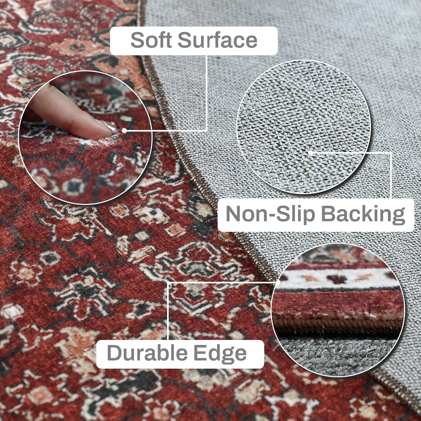 Pentantan Vintage Round Area Rug, 4ft x 4ft Red Retro Style Washable Rug with Anti-Slip Backing for Living Room