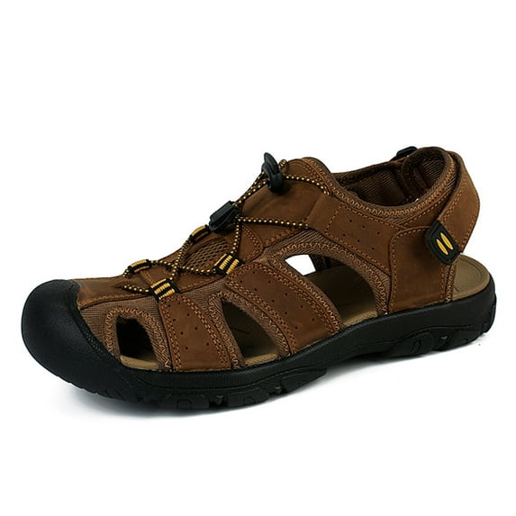 Hicooer GOOHIK Mens Closed Toe Sandals, Sport Sandals Casual Leather Handmade Sandals Adjustable Fisherman Beach Sandals For Outdoor Walking Driving Light Brown