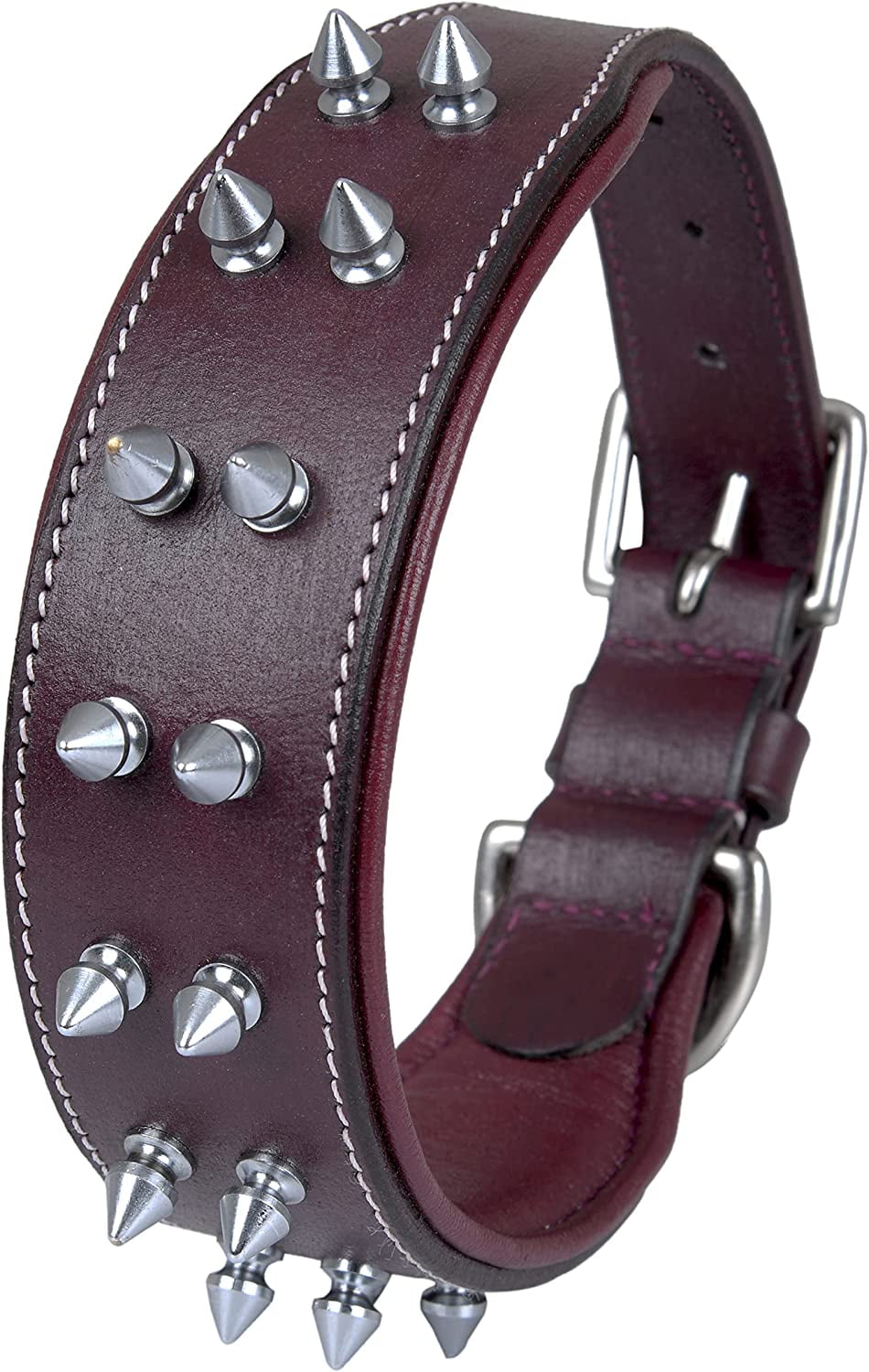 DowgClub | Genuine Leather Heavy Duty Spiked Dog Collar | Full Grain, Cushion Sheep napa padding Inside, Comfortable, Strong | Best for Medium, Large, X-Large Breeds | Cherry, Black, Pink, Tan |