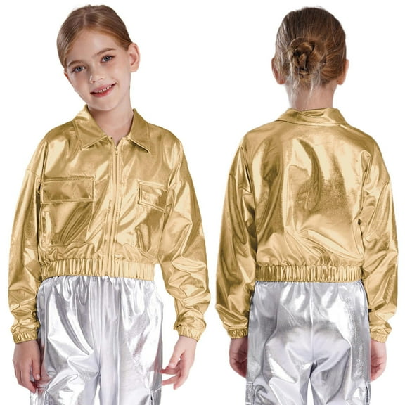 iiniim Girls Kids Sequins Hip Hop Jazz Outerwear Shiny Metallic Bomber Jacket Coat Disco Party Gold 6