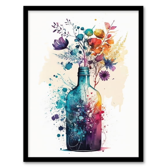 Gin Bottle Flowers Watercolour Painting Blue Purple Orange Spring Flower Blooms Art Print Framed Poster Wall Decor 12x16 inch