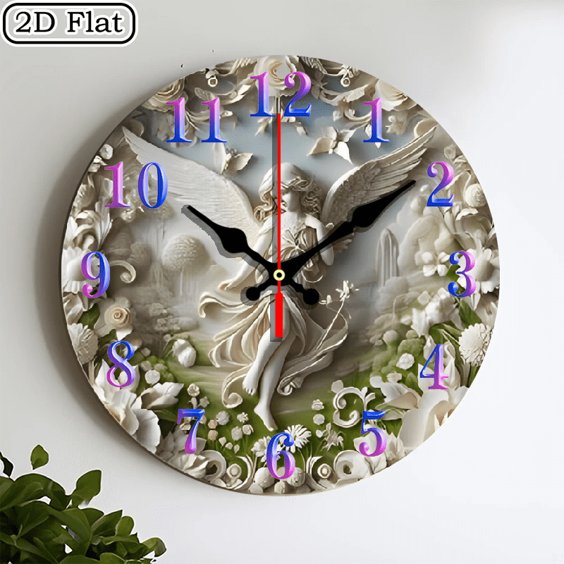 2D flat wooden wall clock, angel wall clock, silent clock, living room bedroom, room decoration, office, Christmas, New Year, Valentine's Day decoration 10 * 10 inches, easy to hang