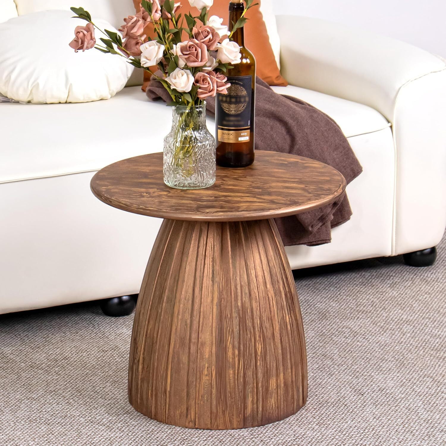 Round End Table for Living Room, Metal Small Side Table, Modern Nightstand Tea Table for Living Room, Walnut