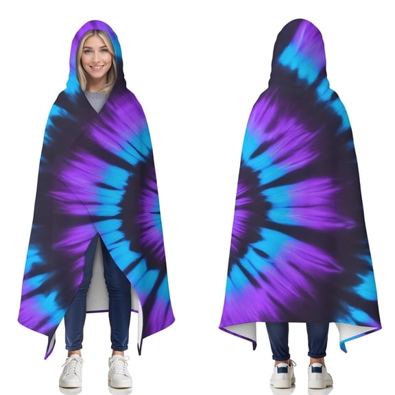 Wearable Blanket,Blue Purple Tie Dye Pattern Hooded Wearable Flannel Blanket for Adults & Teens,Winter Poncho Shawl Wrap Cape Cozy Anti-Pill,50"x60"