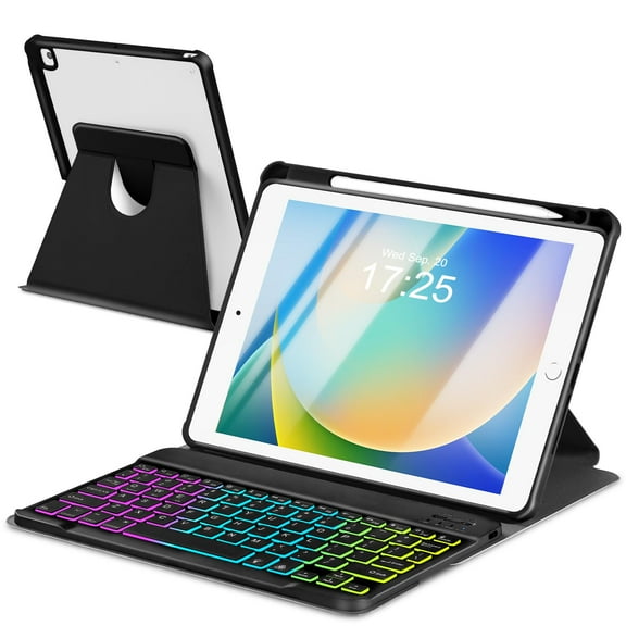 GGMCN Case with Keyboard for iPad 9th 8th 7th Generation 10.2 inch,7 Rainbow Backlit Detachable Wireless Keyboard Rotatable Magnetic Cover with Pencil Holder for iPad Air 3rd Gen/Pro 10.5 Black