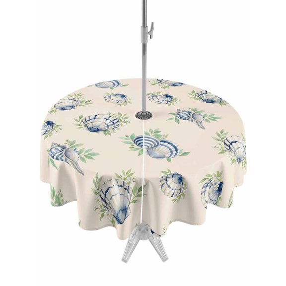 Outdoor Tablecloth with Umbrella Hole for Patio/Picnic/Party/Camping, Navy Beach Scallops Waterproof Table Cloth Round Cover Washable, Vintage Summer Coastal Leaves Pink (Dia 60")
