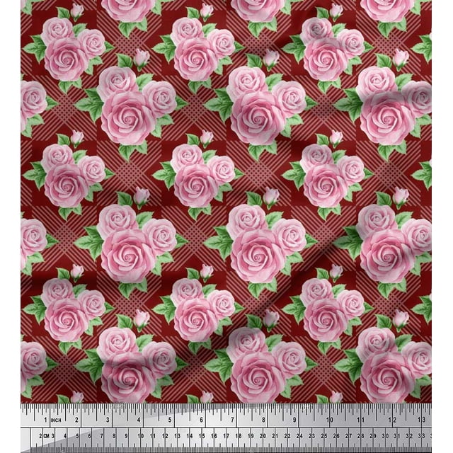 Soimoi Poly Georgette Fabric Check,Leaves & Rose Floral Printed Fabric 1 Yard 52 Inch Wide