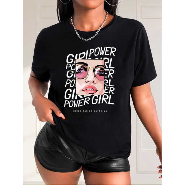 Chic Tee-Shirt Décontracté Noir pour Femmes avec Lunettes et Imprimé Lettre - Col Rond, Manches Courtes, Polyester Respirant - Parfait pour Printemps/été